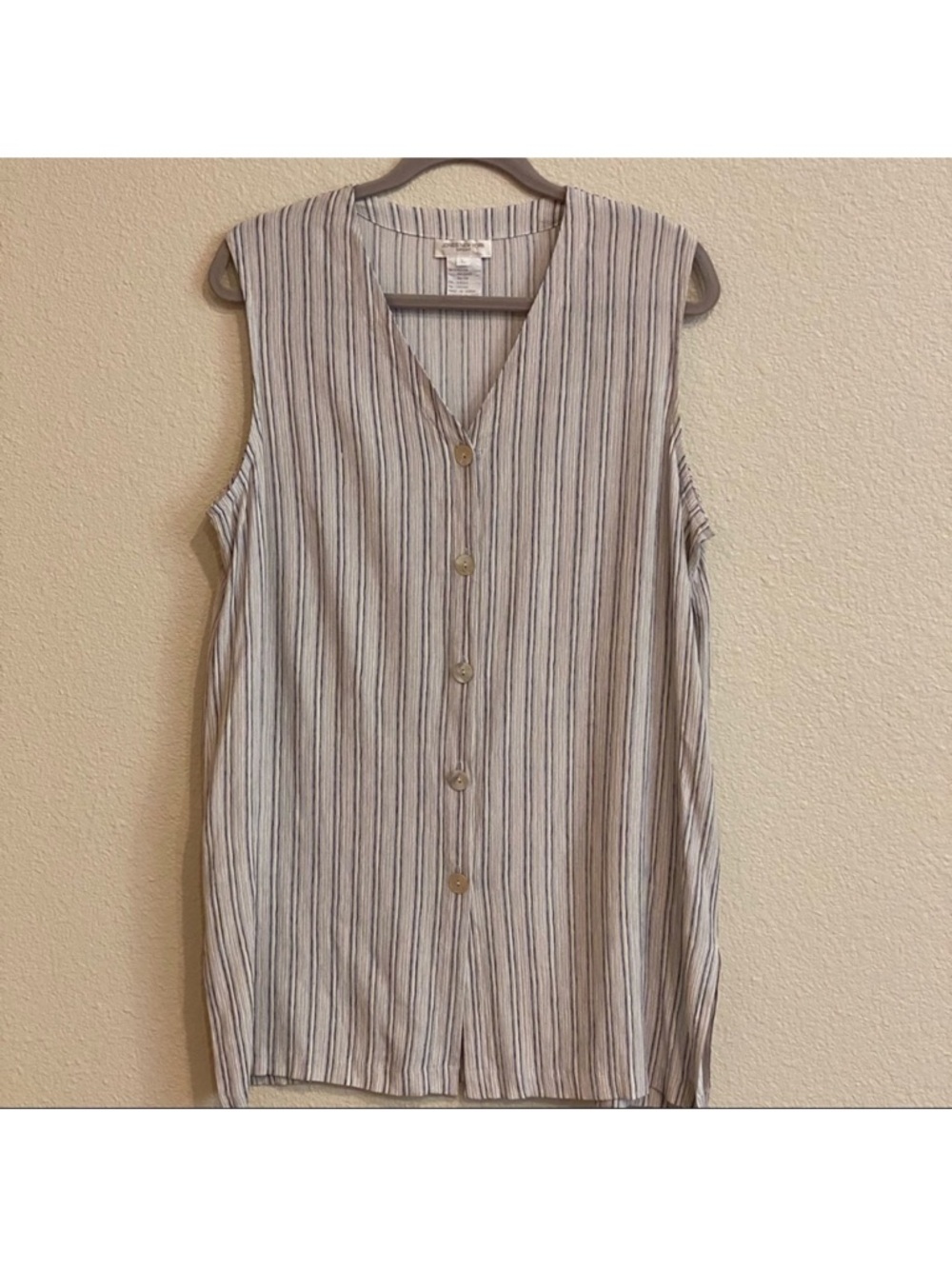 Jones New York Sleeveless Button V-Neck Tunic in Beige and Blue Stripe